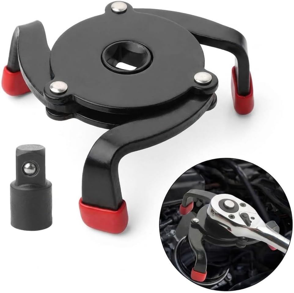 Car 3-jaw Oil Filter Wrench, Steel Anti-slip One-way Flat Wrench for 3/8" Square Drive Socket, Adjustable Oil Filter Removal Tool, Universal for Most Cars SUVs Trucks (Black)