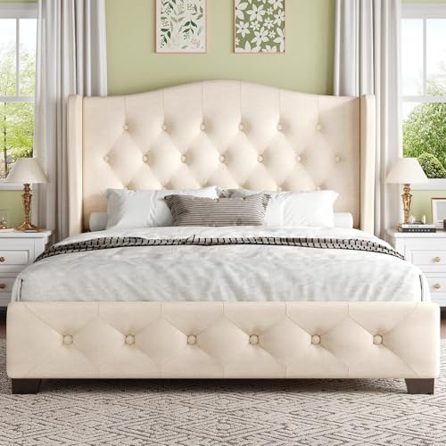 HOMBCK Queen Bed Frame with Tufted Headboard, Velvet Upholstered Bed Frame Queen Size, Curved Wingback Design, Wooden Slats Support, Easy Assembly, No Box Spring Needed, Noise-Free, Beige
