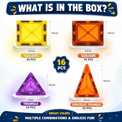Image of Royals hub Diamond Shaped Magnetic Tiles Blocks, Magic Magnetic Building Blocks for Kids, Preschool Learning Sensory Montessori Constructing & Creative Learning Educational Toy (16 Pcs Tiles)