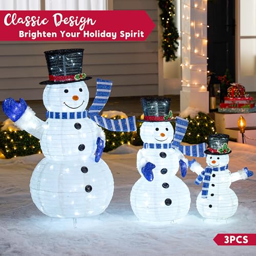 JOIEDOMI 3 Pcs 3D Christmas Collapsible Snowman Yard Light 270 Pre-Lit LED Cool White Lights for Indoor Outdoor Garden Holiday Décor, Christmas Event Decoration, Christmas Eve Night, Blue Scarf - Image 5