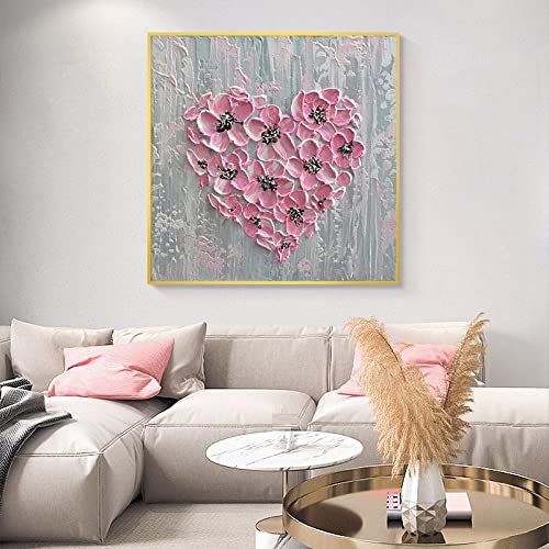 Nordic Romantic Pink Heart-Shape Extra Large Oil Painting - Peinture Murale Abstraite Moderne En Fleurs, Villa Porche Salon Home Decor Hotel Cafe Studio Mural Frameless,As Show,110X110Cm