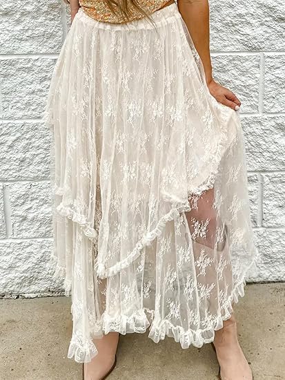Floral Lace Cascading Tiered High Waist Maxi Skirt Asymmetrical Summer Sheer Maxi Skirts for Women3
