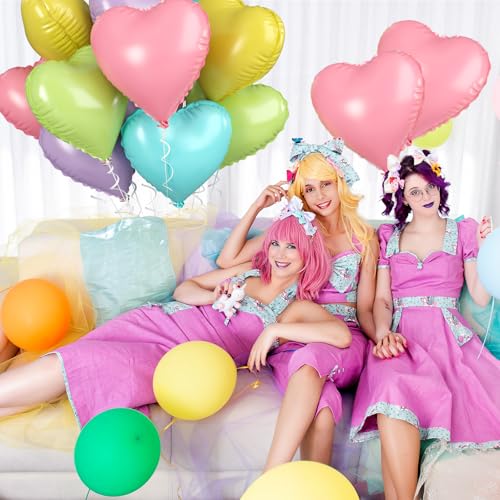 Image of Biapian Pastel Heart Balloons, 10 Pcs Macaron Heart Shape - 18inch Pastel Pink Purple Green Teal Yellow Foil Balloons for Candy Birthday Wedding Baby Shower Easter Party Decoration