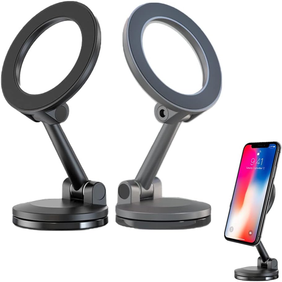 360 Degree Rotation Magnetic Phone Holder for Car Dashboard, Alloy Folding Magnetic Car Phone Holder Mount, Cell Phone Holder Foldable Phone Bracket Smartphone Support Phone Stand (A_Black+Gray)
