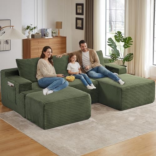 Image of 96 inch U-Shape Cloud Couch, Modern Modular Sectional L-Shape Sofa with Ottoman, Corduroy Upholstered Couches Deep Seat Sleeper Chaise Longue for Living Room, No Assembly Required(Green, Right Facing)
