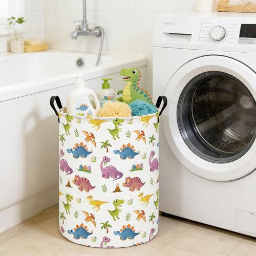 Image of Round Laundry Basket Collapsible Storage Hamper Organizer Cute Dinosaur | Waterproof Canvas Foldable Baskets with sturdy Handles Multi-scene Organizer for Home Play Bedroom Gift Bin