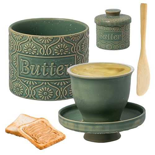 Mantequilla francesa con tapa de cerámica, 200 ml, con tapa, enfriada por agua, mantequilla francesa con cuchillo de mantequilla, para mantequilla fresca y untable