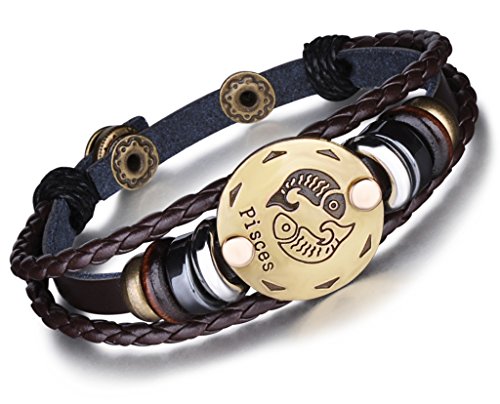 Unendlich U Punk Modisch 12 Sternbilder Sternzeichen Herren Damen Charm Armband Geflochten Leder Legierung Multilayer Braun Armreifen, Fische(Pisces)