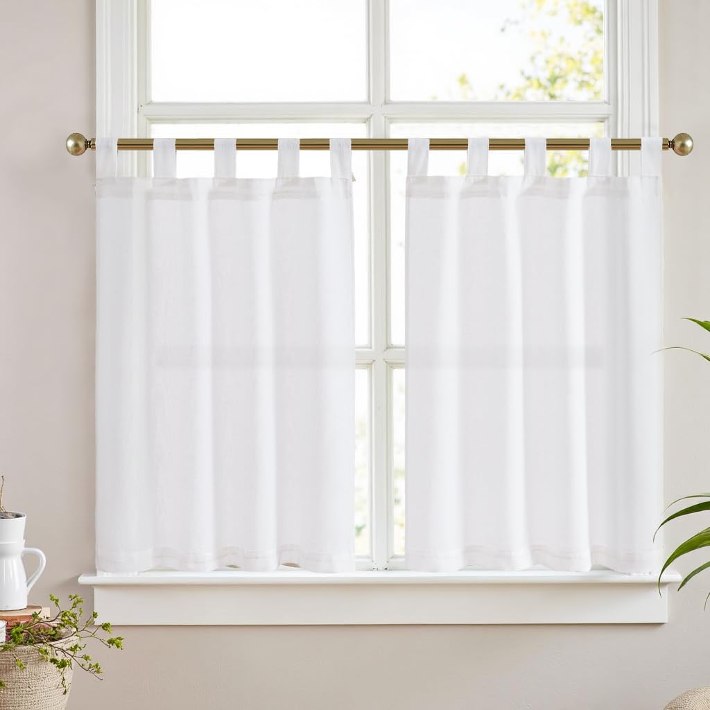 Vangao Scheibengardinen mit Schlaufen Bistrogardine 2er Set 65Bx90Hcm Weiß | Leinenoptik Gardinen Kurz Weiss, Küchengardinen Lichtdurchlässig Landhausstil für Küche Wohnwagen Kleine Fenster 90cm lang