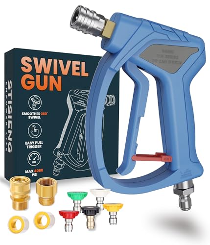 Image of Short Pressure Washer Gun with 360 Swivel, High Pressure Stubby Power Washer Gun Kit with 5 Nozzle Tips, M22-14mm & 15mm Adapters, 3 /8 inch QC for Car Wash Detailing & Cleaning (Blue)