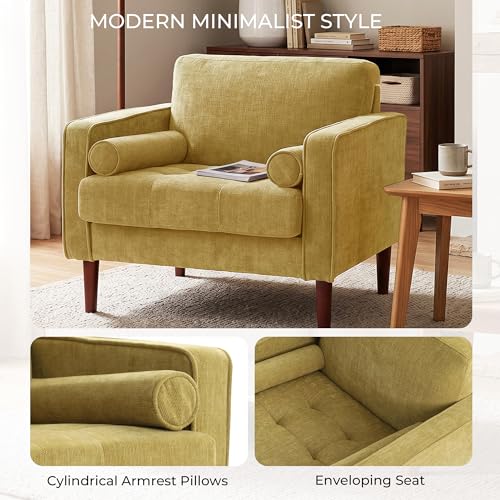 Image of Accent Chairs Stet of 2, Chenille Upholstered Armchairs for Living Room, Comfy Single Sofa Bedroom Reading Seat with 2 Bolster Pillows, Yellow