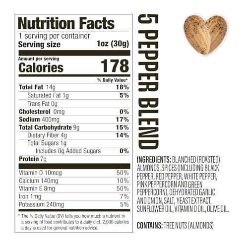 Image of AlmondRx | Heart Healthy Skinless Lightly Salted California Almond Snack Packs | Fortified with Vitamin D | Plant Protein | Keto | Vegan | No Sugar Added (48 Pack, 5 Pepper Blend)