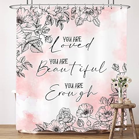 LIGHTINHOME Floral Shower Curtain 60Wx72H Inches Art Positive Quotes You Are Loved You Are Beautiful You Are Enough for Girls Women Cloth Fabric Waterproof Polyester Bathroom Home Decor Set with Hooks Cover