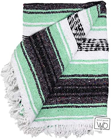 Open Road Goods Mexican Blanket - Mint Teal & Grey Mexican Falsa Beach Blanket - Mexican Yoga Blanket, Picnic Blanket, or Home Throw. Handwoven