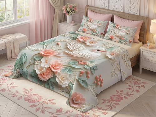 Image of 7D Fairy Tale Bird Collection Double Bedsheet 90x100 inch with 2 Pillow Covers | Good Stitching, Soft Fabric & Vibrant 7D Digital Print for Kids & Couples (Cream)