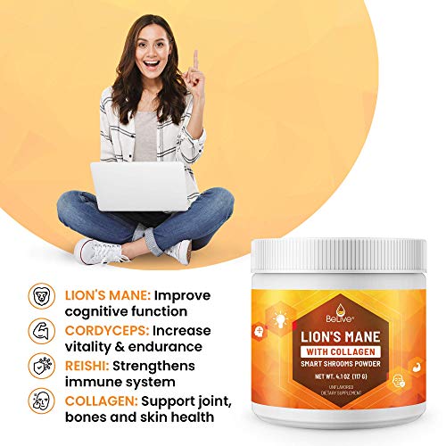 Organic Certified Lions Mane Mushroom Powder With Collagen Peptides, Reishi & Cordyceps - Super Nootropic Brain Booster Supplements, Focus, Mental Clarity - Unflavored, Best For Coffee & Smoothie #TOP3