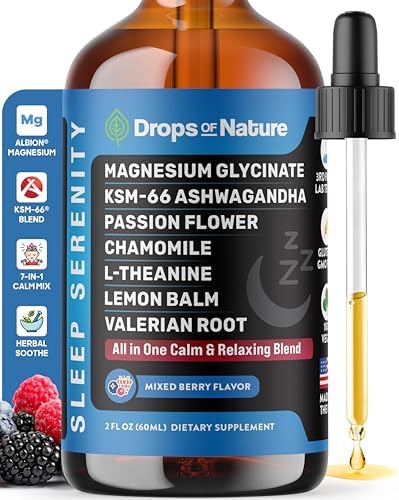 Magnesium Glycinate & Ashwagandha Liquid Drops with Valerian Root, Chamomile, Passion Flower, Lemon Balm & L-Theanine – Vegan Fast Absorption – Supplement for Wellness & Relaxation (Mixed Berry, 60mL)