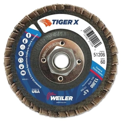 Image of Weiler 51206 Tiger X Flap Disc, Ceramic and Zirconia Alumina, Angled, Phenolic Backing, 60 Grit, 4-1 /2 inch, 5 /8 inch-11 UNC Nut (Pack of 10), Type 29 5 /8 inch-11 Hub