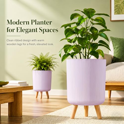 Image of Eightiz Store Modern Lavender Flower Pot with Plastic Legs | Indoor Outdoor Planter for Home Garden Balcony Decor Ribbed Design Sturdy Plastic Mid-Century Style (Lavender, Pack of 2)