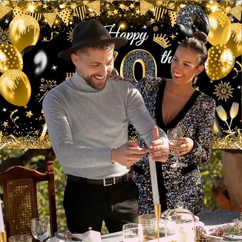 Image of Avezano Happy 60th Birthday Banner for Men Black and Gold Glitter Balloon 60 Birthday Party Backdrop 60 Year Old Bday Photo Backdrop Party Supplies 70.8 x 43.3 Inch