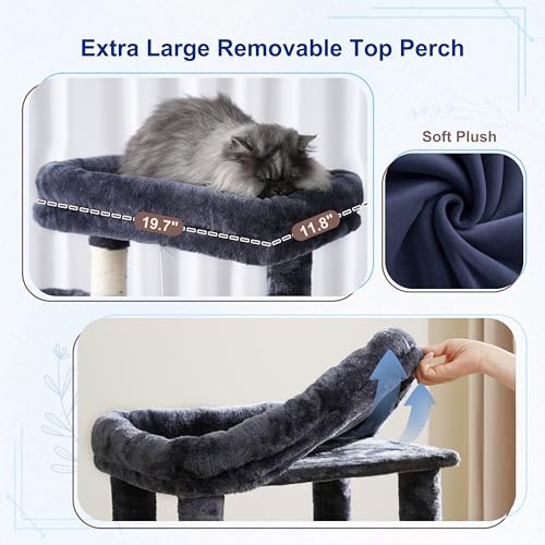 Image of Gitelsnour Cat Tree, 63'' Cat Tower for Large Cats, Big Hammock GCT020G | Cat Condo, Cat Scratching Posts for Indoor Adult Cats, 4 Platforms( 2 Big 2 Small), 2 Baskets, Sisal Rope, 4 Toys, Smoky Gray