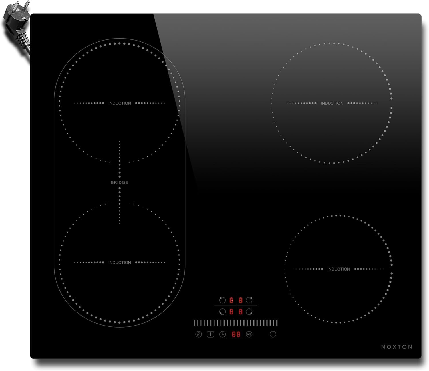 NOXTON Płyta indukcyjna 60 cm, płyta kuchenna do zabudowy, 4 płyty, 3500 W | Strefy flex, wtyczka, suwak, timer, funkcja pauzy, zabezpieczenie przed dziećmi, 220 V-240 V, płyta indukcyjna