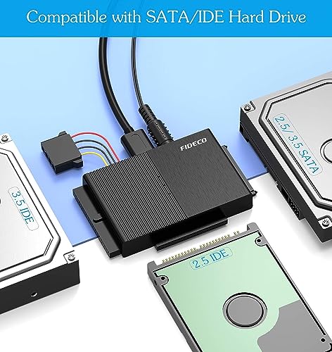 Image of FIDECO USB 3.0 to SATA or IDE Adapter, Hard Drive Adapter Cable Universal for 2.5 /3.5 inch SATA HDD /SSD & IDE HDD with 12V /2A Power Adapter