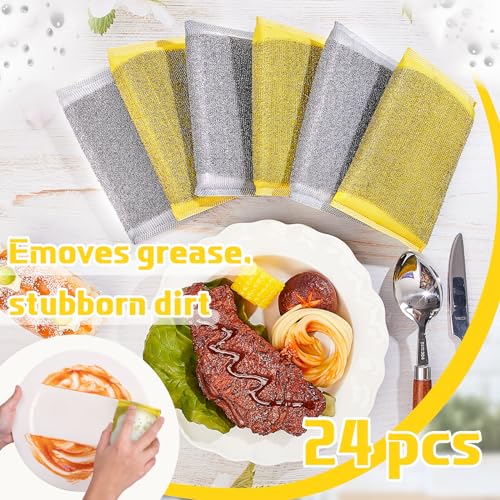 Image of Thyle 24 Pack Steel Wool Scrubber Kitchen Sponges, Heavy Duty Non Scratch Metal Sponges, Reusable Cleaning Scrub Pads for Dishes, Pots, Pans, Sink and Tough Hard Stains (Gray,Yellow)