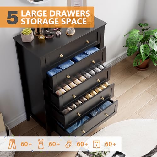 GarveeHome Black 5 Chest of Drawer Dresser, Modern Tall Nightstand with Deep Drawers and Nickel Round Handle, Wood Organizer Storage Cabinet for Bedroom, Living Room, Hallway