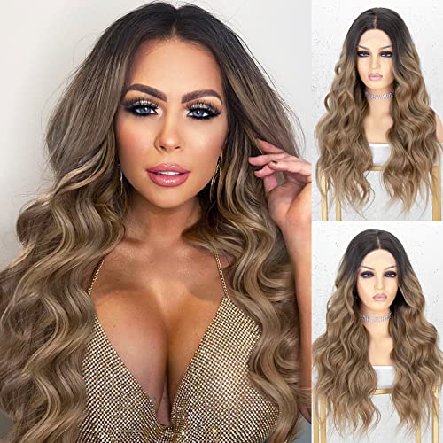 K'ryssma Dirty Blonde Lace Front Wig with Dark Roots Ombre Long Wavy Synthetic Wig for Women