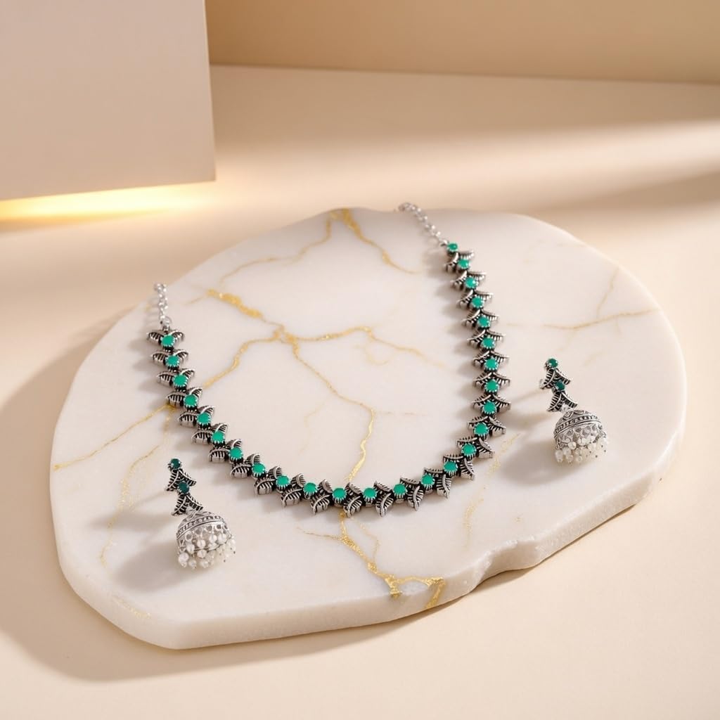 Efulgenz Oxidized Choker Set Indian Jewelry Sets for Women Boho Crystal Stone Oxidized Necklace Jhumka Jhumki Dangle Earrings Oxidized Choker Necklace Earrings Set