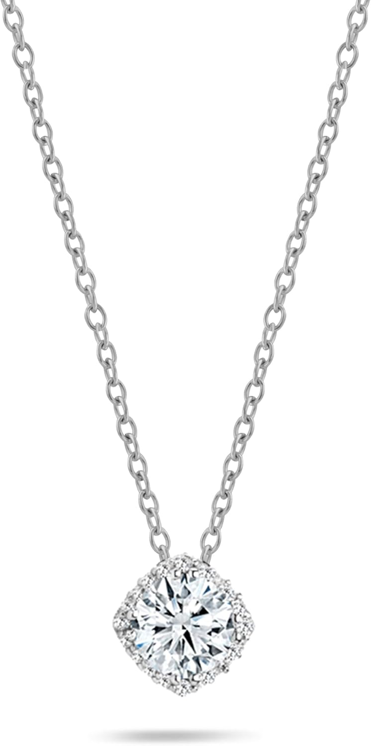1.00 Carat Center Round Lab Grown White Diamond or Cubic Zirconia Cushion Frame Halo Pendant with 18 inch Silver Chain for Women in 925 Sterling Silver