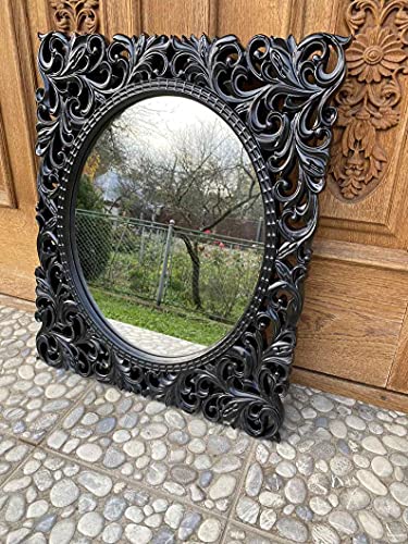 Solid Wood Contemporary Carving Mirror - Mid Century Modern Wall Décor - Ornate Wall Mount Mirrors, Large Decorative Living Room Mirror - Exclusive Entryway Mirror (31X28 Inches, Natural Brown) #TOP2