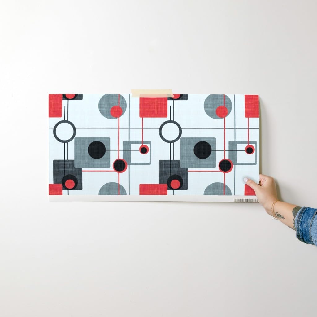 Peel & Stick Wallpaper Swatch - Orbs Squares Red Black White Vintage Retro Grey Modern Custom Removable Wallpaper by Spoonflower
