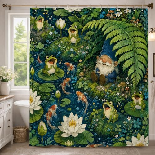 Rideau de douche extra long et lavable vert motif nain