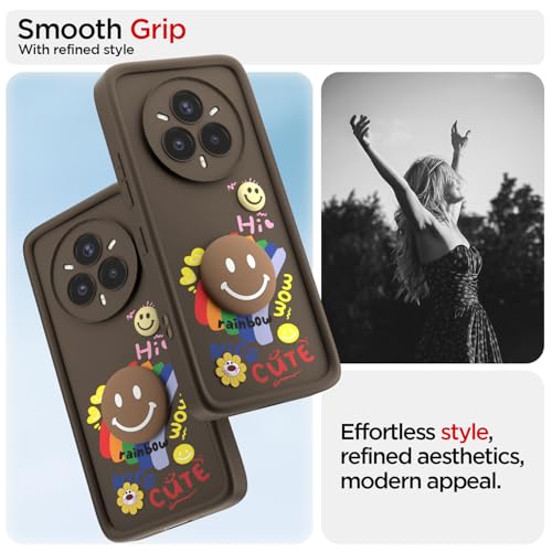 Image of Pikkme Back Cover for Realme 14 Pro Plus 5G | Soft Silicone| Cute Rainbow Smile & 3D Cartoon Flower Design | Shockproof Raised Camera Protection Bumper Case (Brown)