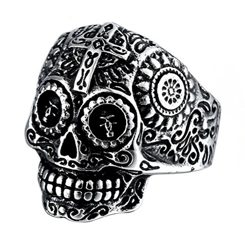 INRENG Stainless Steel Gothic Cross Sugar Skull Rings for Men Vintage Biker Band Flower Carved Halloween Jewelry Silver Size 14