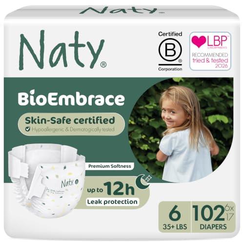 Image of Naty BioEmbrace Baby Diapers Size 6 (35+ lbs), 102 Count | Hypoallergenic for Sensitive Skin, Up to 12 Hour Leak Protection, Absorbent, Plant-based softness, Premium comfort