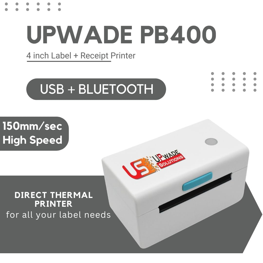 Upwade Bluetooth Direct 4×6" Shipping Label Printer |Adjustable Label Size| 203DPI Resolution 150Mm/S Monochrome Printing Speed Compatible With Mobile And PC (1 Year Warranty) (Only Printer)