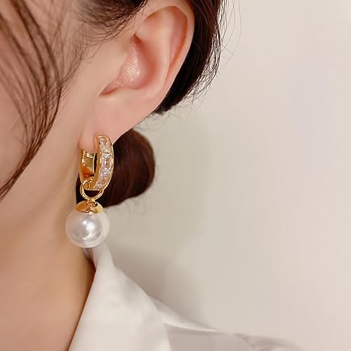 Miniatura 4 de 14K Gold Plated Pearl Drop Dangle Earrings Huggie Small Hoop Hypoallergenic Earrings for Women