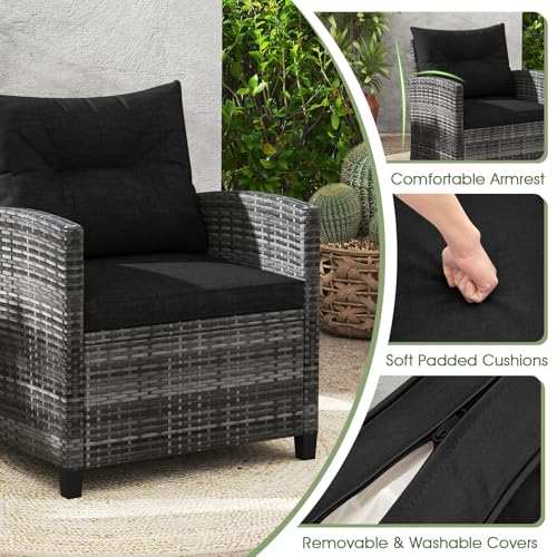 ORALNER Patio Furniture, 3 Pieces Outdoor Wicker Conversation Set Chairs with Soft Cushions and Glass Coffee Table, Rattan Bistro Set for Balcony Garden Deck Front Porch Poolside (Black) - Image 6