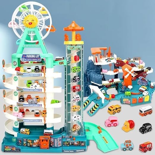 EXOMOON Ferris Wheel & Elevator Car Adventure- 4 Level Parking with Light ?Music & 14 Mini Cars & Vans-Garage Parking Lot Play Set for Kids- Boys & Girls