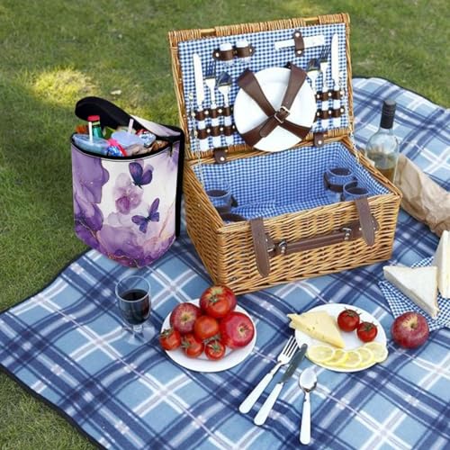 Image of Talayituse Purple Marble Butterfly Print Car Trash Can with Lid, Leak Proof Auto Trash Bag Hanging Vehicle Garbage Can Multipurpose Storage Container for Back Seat Road Trip