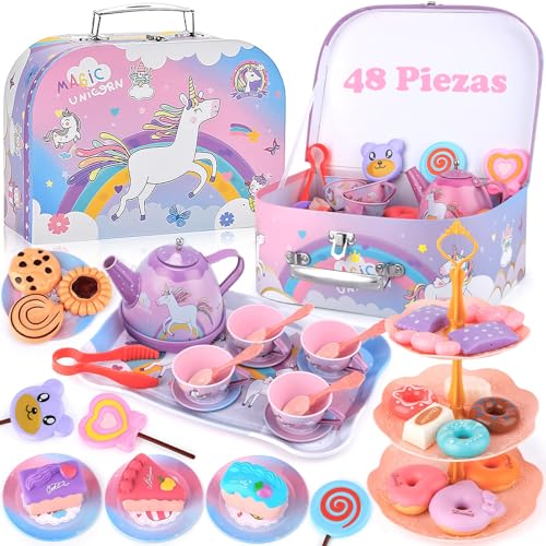 Recopilación de Juegos de té comprados en linea. 44 Juego de Te para Niñas, 48 Piezas Comida de Juguete, Juego de Trastes Niña con 6 Princesa Vestirse, Trastesitos, Platos, Postre y Estuche, Rol Infantil de Regalo para Niña 3 4 5...