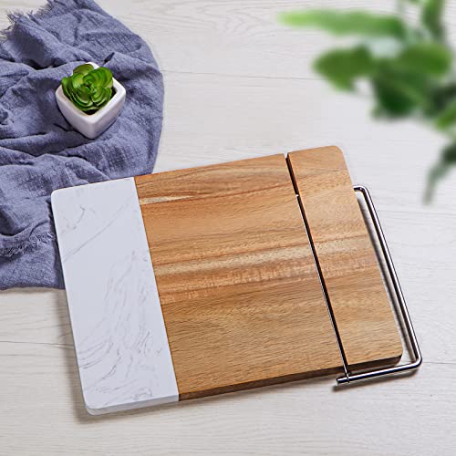 Cheese Slicer&Cheese Cutter With Wire，Acacia Wood And Marble Cheese Cutting Board For Block Cheese，Butter，11” X 8.6” Large Cheese Serving Board With Premium Stainless Steel Handle And Blade #TOP2