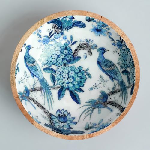 Image of SAAGA Printed Mango Wood Mixing Bowl | 8 x 2.5 Inch Large Wooden Serving Bowl for Salads, Fruits, Snacks, Curries & Desserts | Handcrafted Kitchen & Dining Bowl | White & Mazarine Blue