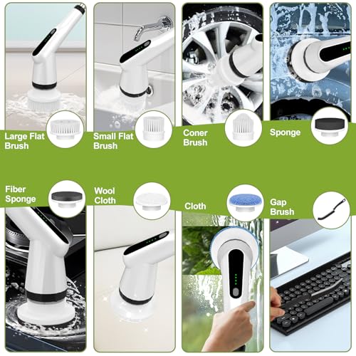 Elektrische Reinigungsbürste, Electric Cleaning Brush mit 7 Wechselbürsten, IPX7 wasserdichte Putzbürste Elektrisch,Verstellbarem Griff Elektrische Bürste für Bad Fliesen Küche Boden Auto Weiß