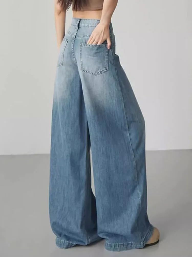 Pantalones Vaqueros para Mujer Primavera Rectos Coreano Tiro Alto Pierna Ancha Casuales Holgados Jeans para Mujeres