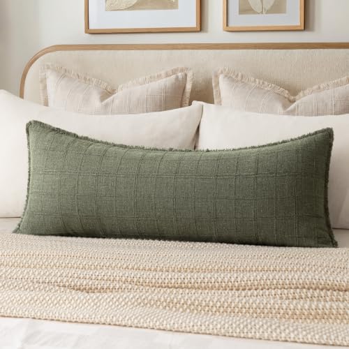 Image of Foindtower Set of 1 Decorative Linen Check Fringe Throw Pillow Cover Cozy Farmhouse Body Cushion Cover Modern Boho Home Decor for Sofa Chair Couch Bedroom Living Room Outdoor,14x36 Inch,Olive Green