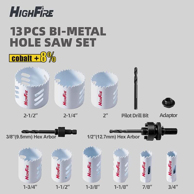 Image of HIGHFIRE 13pcs Hole Saw Set,Bi-Metal Hole Saw Kit, M42 Bi-Metal Hole Cutter Set with General Purpose 3 /4 inch to 2-1 /2 inch